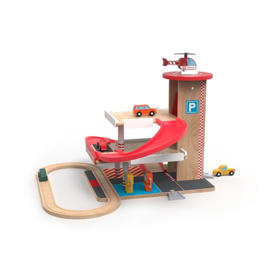 2Kids Toys - Garagem de madeira com pista de comboio