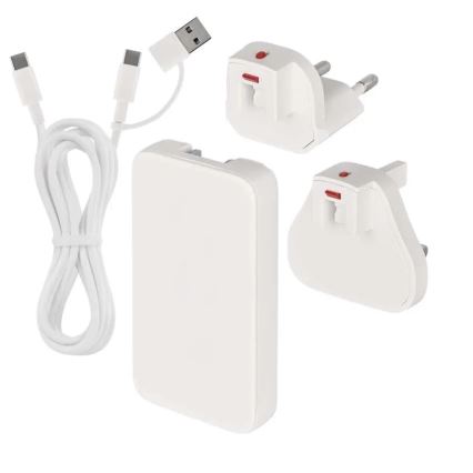 Adaptador de viagem USB GaN com plugues intercambiáveis 100–250 V
