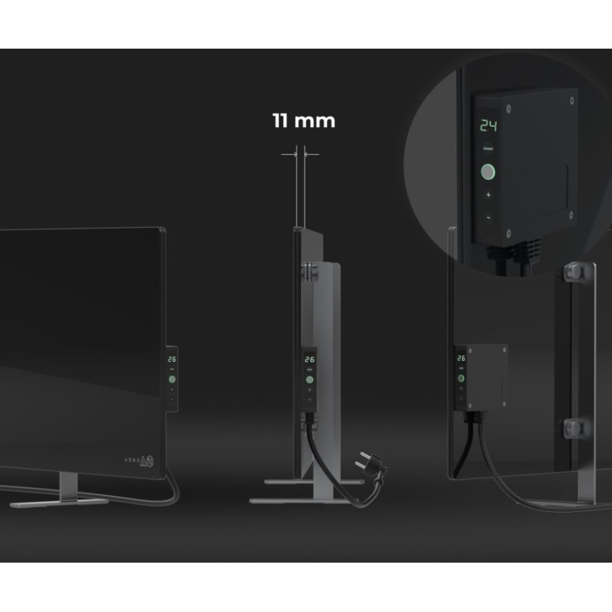AENO - Painel elétrico de infravermelhos inteligente com ecrã LED 700W temporizador/termóstato IP44 Wi-fi preto