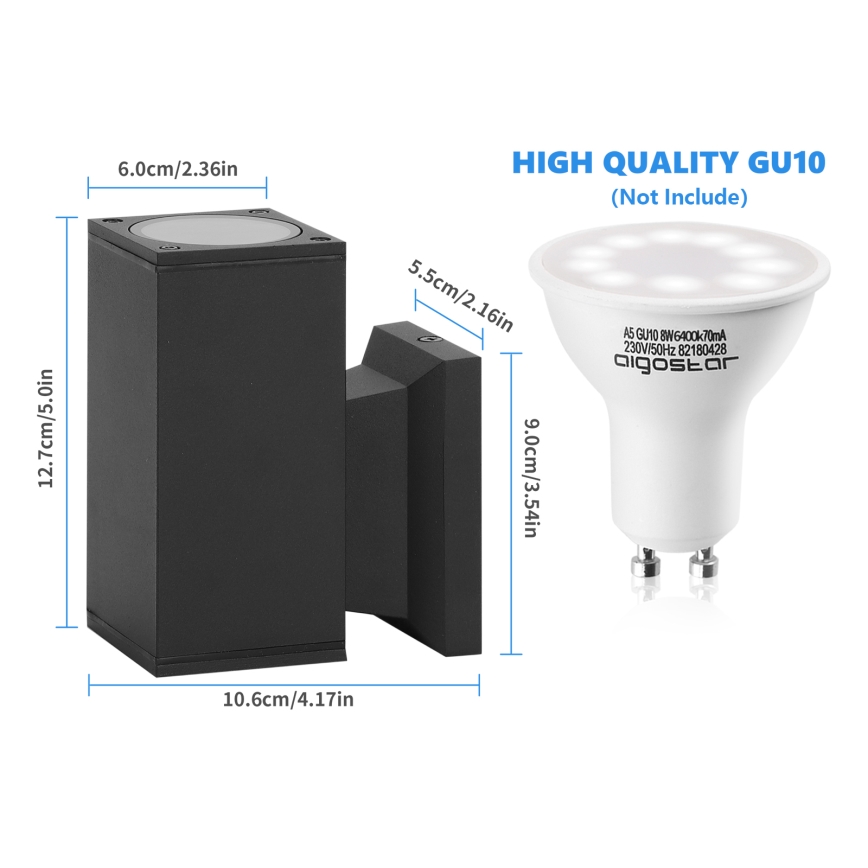Aigostar - Aplique de parede para exterior 1xGU10/230V IP65 preto quadrado