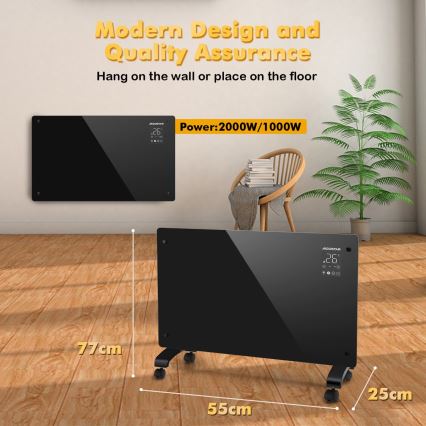 Aigostar - Convector eléctrico inteligente com ecrã LCD ECO/1000/2000W Wi-Fi
