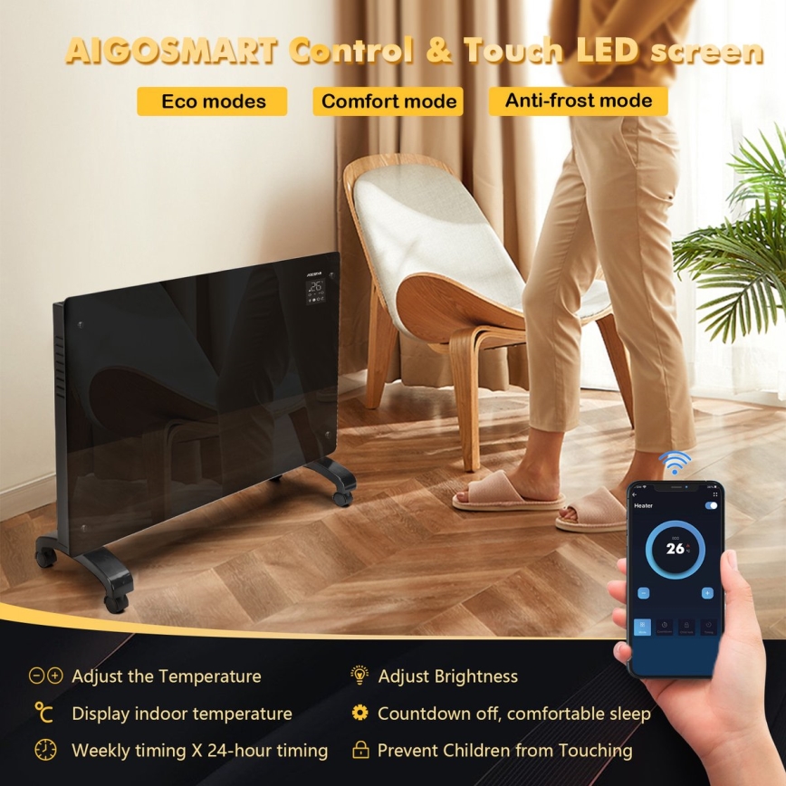Aigostar - Convector eléctrico inteligente com ecrã LCD ECO/1000/2000W Wi-Fi