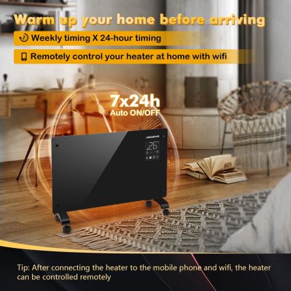 Aigostar - Convector eléctrico inteligente com ecrã LCD ECO/1000/2000W Wi-Fi