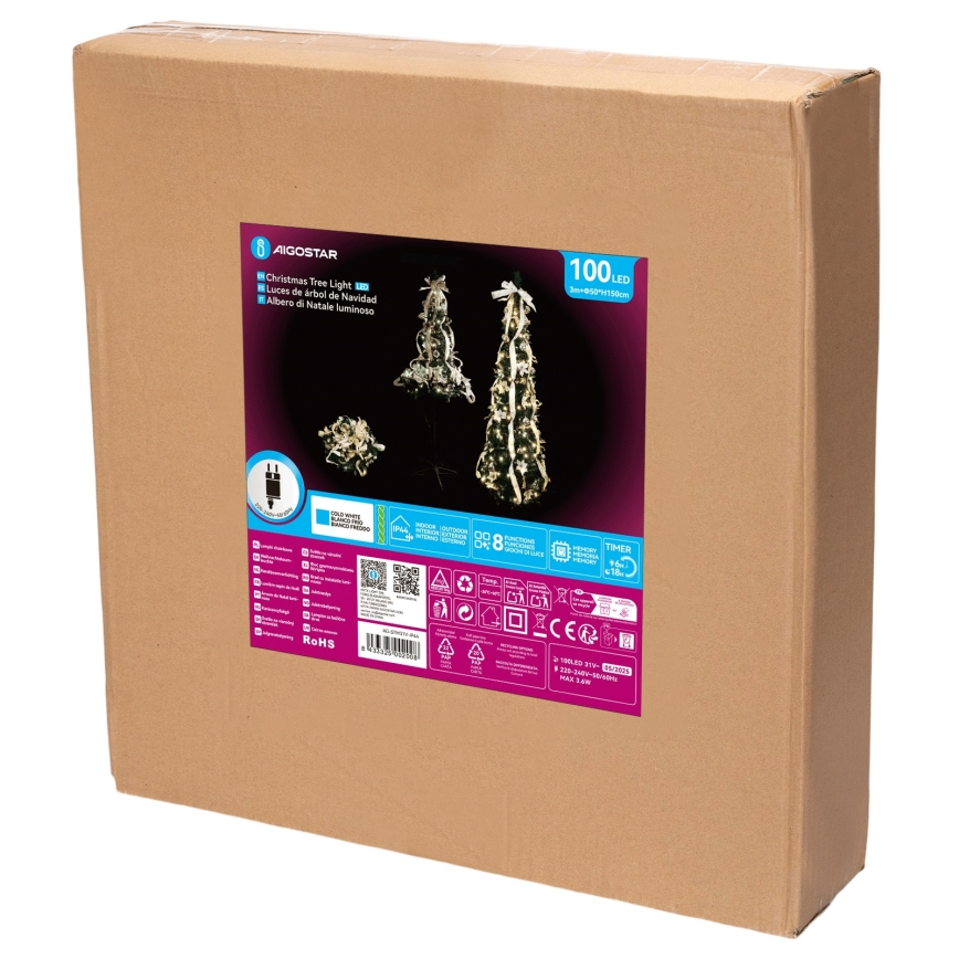 Aigostar - Árvore de Natal LED para exterior 100 LEDs 1,5m IP44 branco/dourado, branco frio