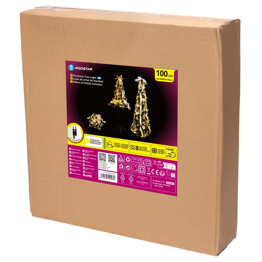 Aigostar - Árvore de Natal LED para exterior 100 LEDs 1,5 m IP44 branco/dourado, branco quente