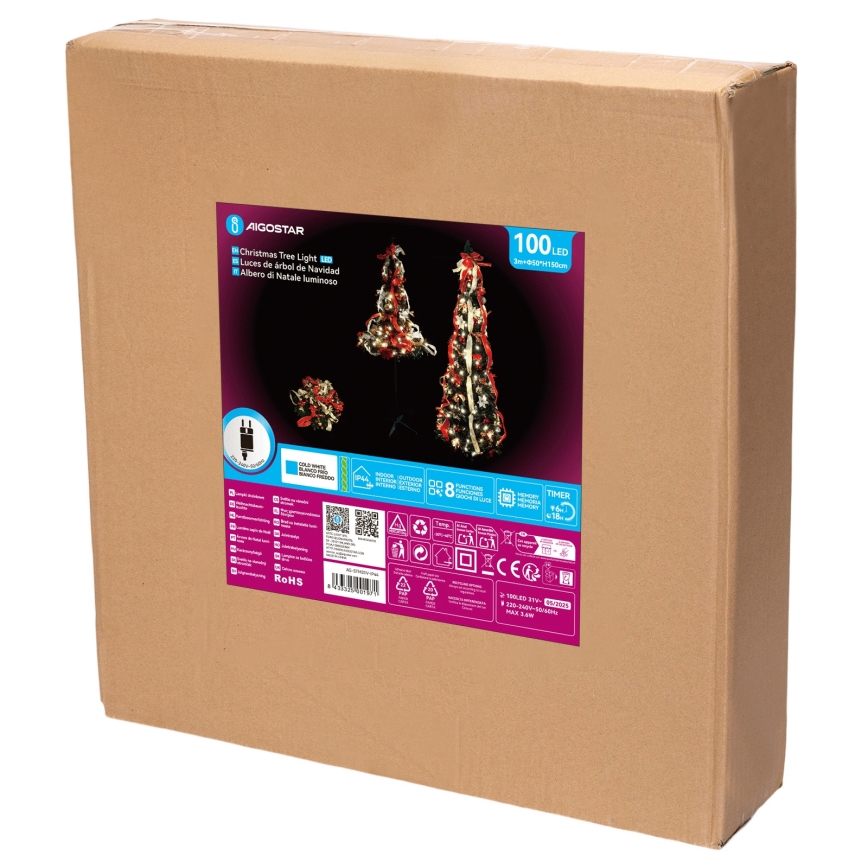 Aigostar - Árvore de Natal LED para exterior 100 LEDs, 1,5 m, IP44, vermelho e branco frio