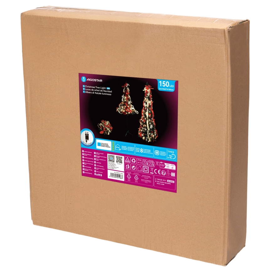 Aigostar - Árvore de Natal LED para exterior, 150 LEDs, 1,8 m, IP44, vermelho e branco frio