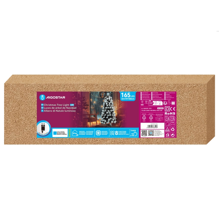 Aigostar - Árvore de Natal LED para exterior 165xLED/8 funções 1,5 m IP44 branco frio