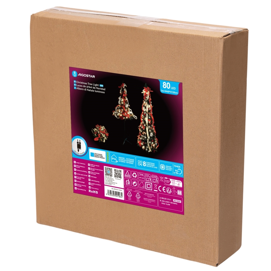 Aigostar - Árvore de Natal LED para exterior, 80 LEDs, 1,2m, IP44, em vermelho e branco frio