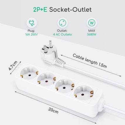 Aigostar - Cabo de extensão 4Z Tipo F 1,5m branco SCHUKO