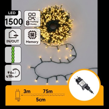 Aigostar - Cabo de luzes de Natal LED para exterior 1500xLED/8 funções 78m IP44 branco quente