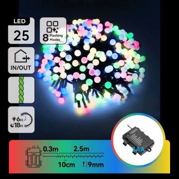 Aigostar - Cadeia de luzes de Natal LED para exterior, 25 LEDs / 8 modos, alimentada por 3 pilhas AA, 2,8 m, IP44, multicolorido