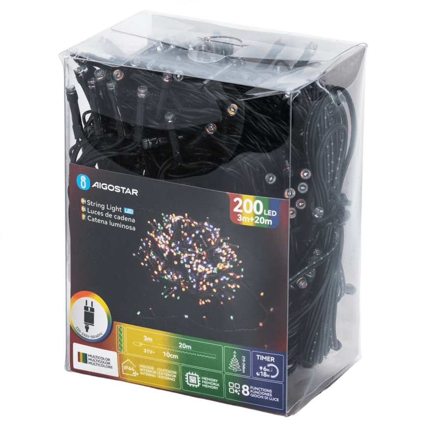 Aigostar - Guirlanda LED de Natal para exterior 200 LEDs/8 modos, 20 m, IP44, multicor