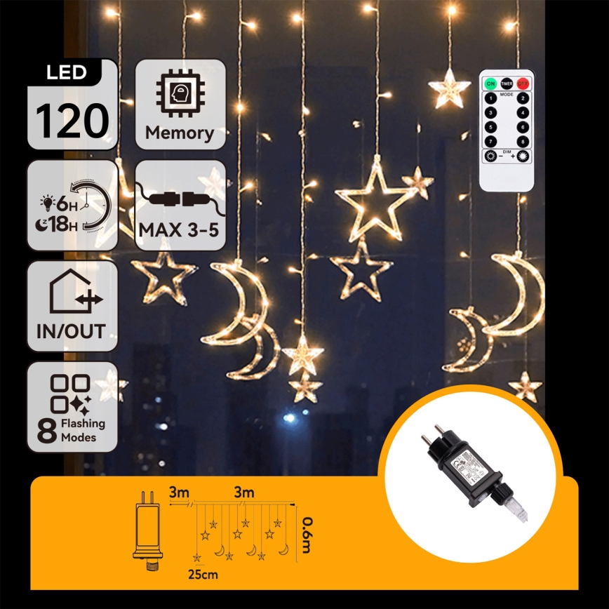 Aigostar - Cadeia de luzes LED de Natal para exterior 120xLED/6W/230V/8 funções 3x0,6m IP44 branco quente + controlo remoto
