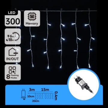 Aigostar - Cadeia de luzes LED para exterior 300 LEDs/8 funções 15x0,4 m IP44 branco frio