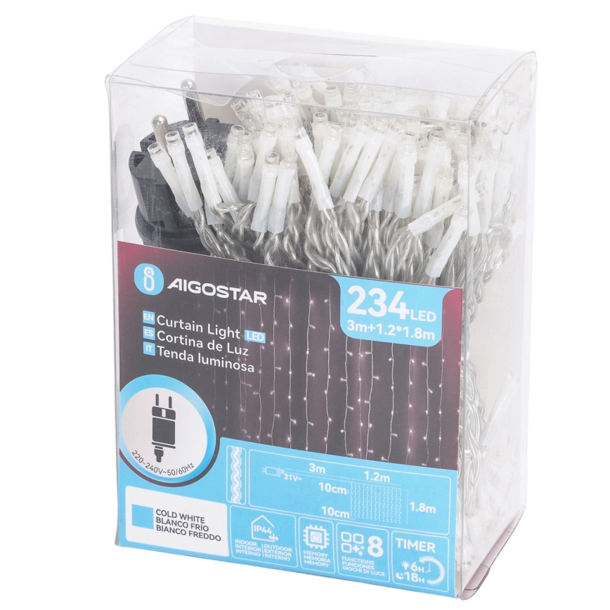 Aigostar - Cordão de luzes LED para exterior, 234 LEDs, 1,2 x 1,8 m, IP44, branco frio