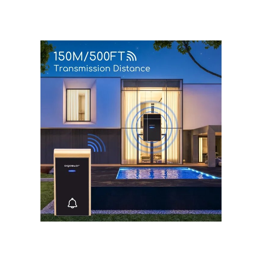 Aigostar - Campainha sem fio 3xAA/12V IP44 preta/cobre