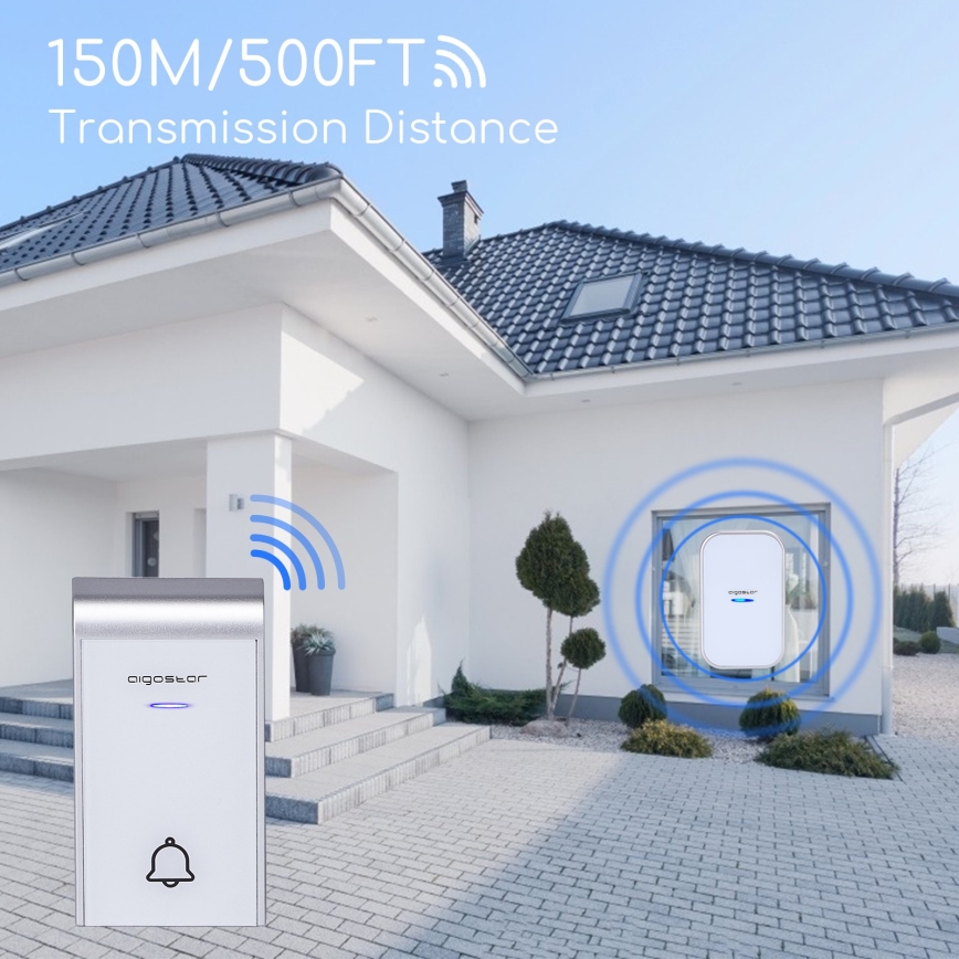 Aigostar - Campainha sem fios para tomada 230V/12V IP44 branca