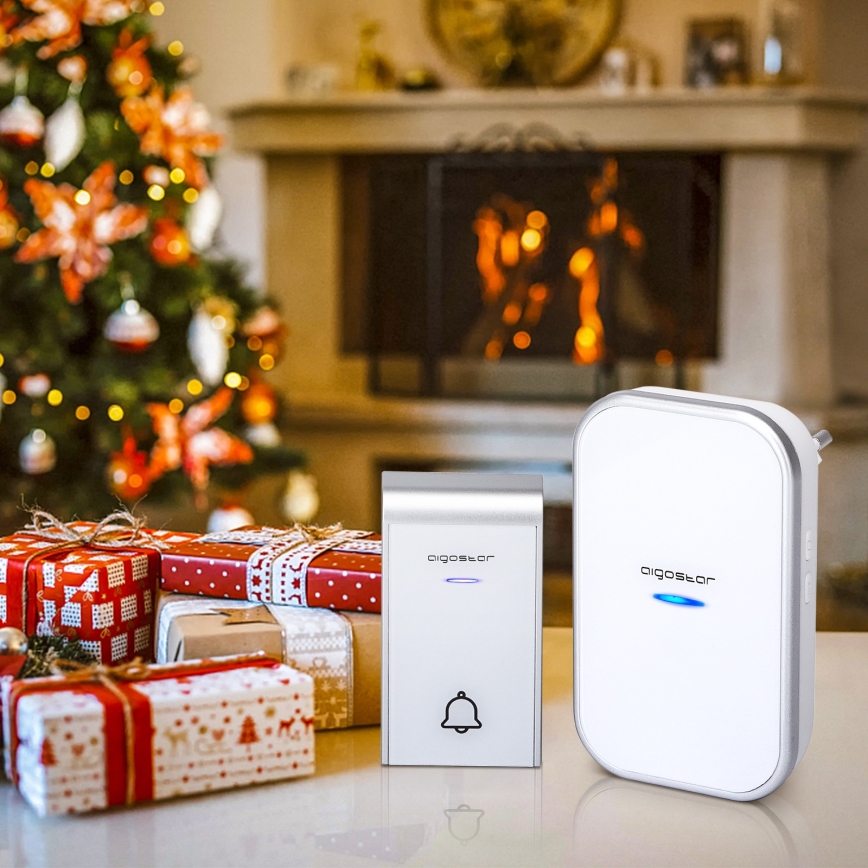 Aigostar - Campainha sem fios para tomada 230V/12V IP44 branca