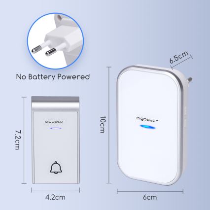 Aigostar - Campainha sem fios para tomada 230V/12V IP44 branca