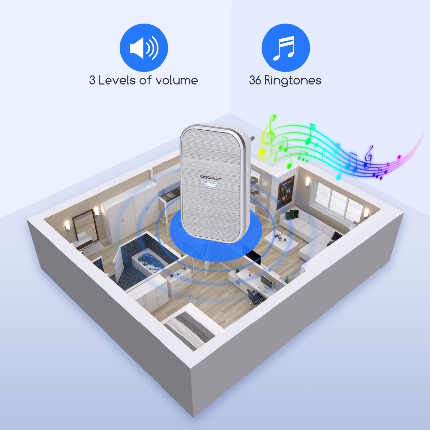 Aigostar - Campainha sem fios para tomada 230V/12V IP44 prateada
