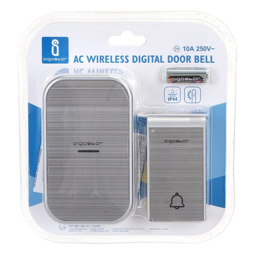 Aigostar - Campainha sem fios para tomada 230V/12V IP44 prateada
