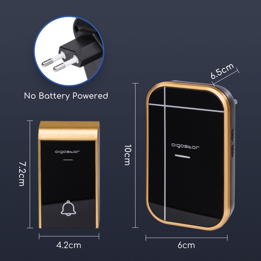 Aigostar - Campainha sem fios para tomada 230V/12V IP44 preta