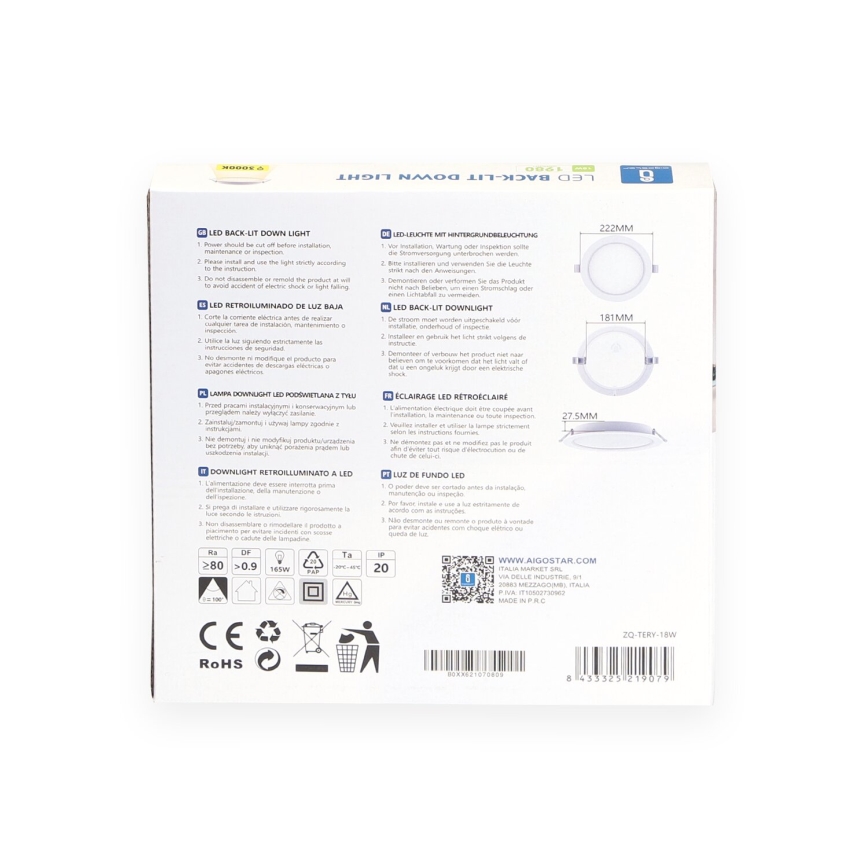 Aigostar - Candeeiro de embutir LED/18W/230V 3000K Ø 22,2 cm branco