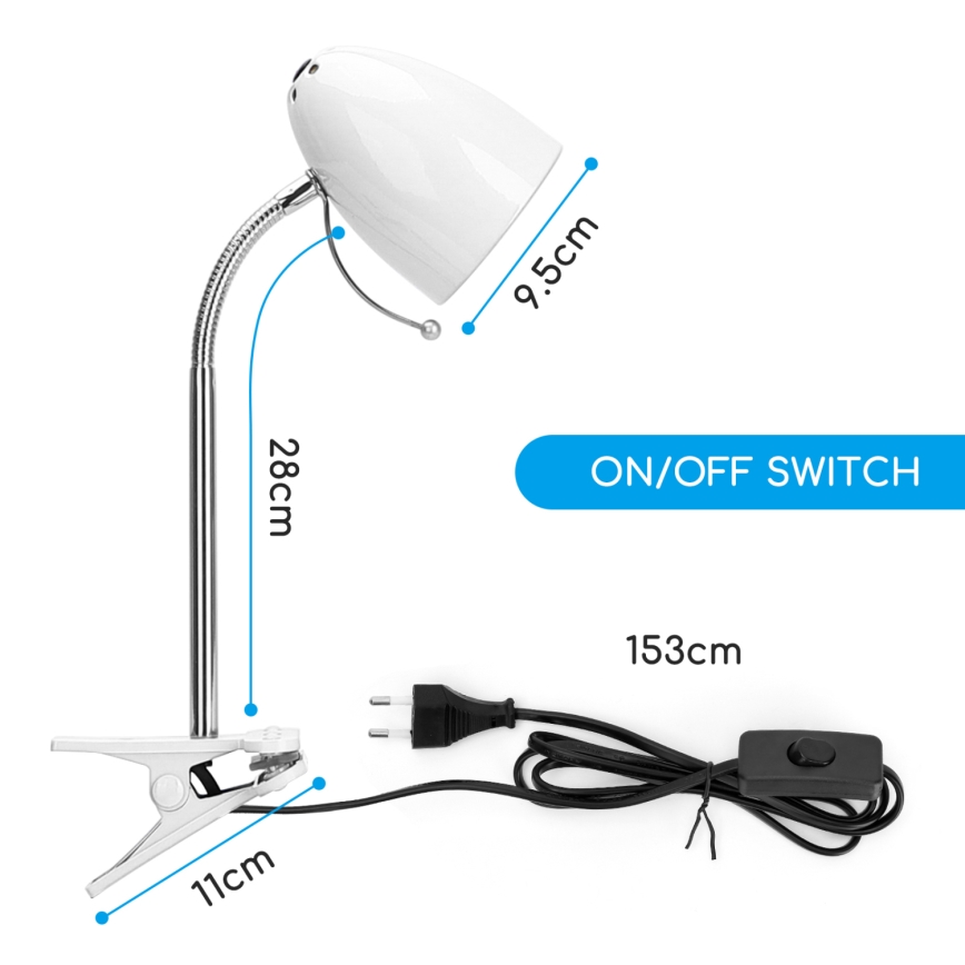 Aigostar -  Candeeiro de mesa com clipe 1xE27/11W/230V branco/cromado brilhante