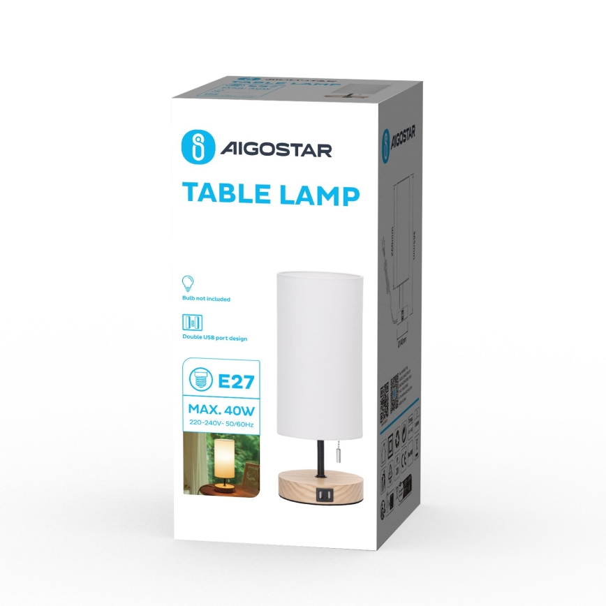 Aigostar - Candeeiro de mesa com porta USB 1xE27/40W/230V bege