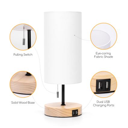 Aigostar - Candeeiro de mesa com porta USB 1xE27/40W/230V preto/creme