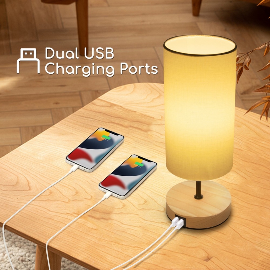 Aigostar - Candeeiro de mesa com porta USB 1xE27/40W/230V preto/creme