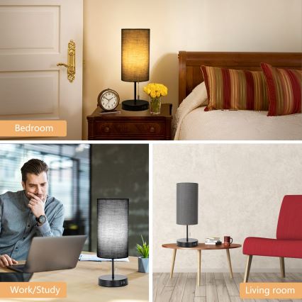 Aigostar - Candeeiro de mesa com porta USB 1xE27/40W/230V preto