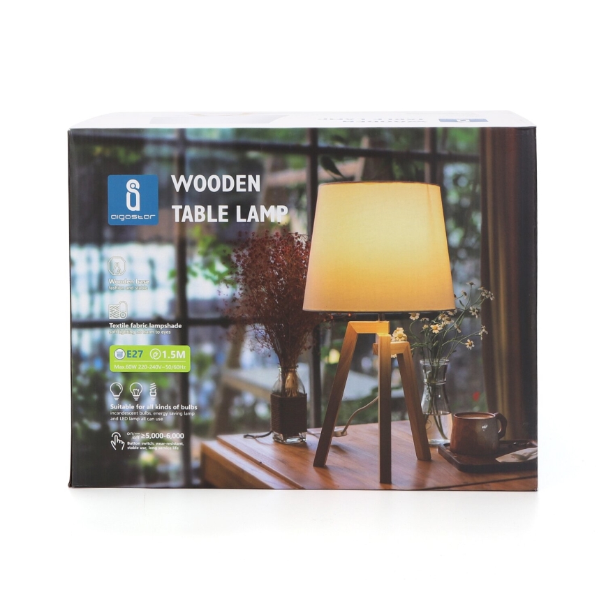 Aigostar - Candeeiro de mesa de madeira 1xE27/60W/230V pinho