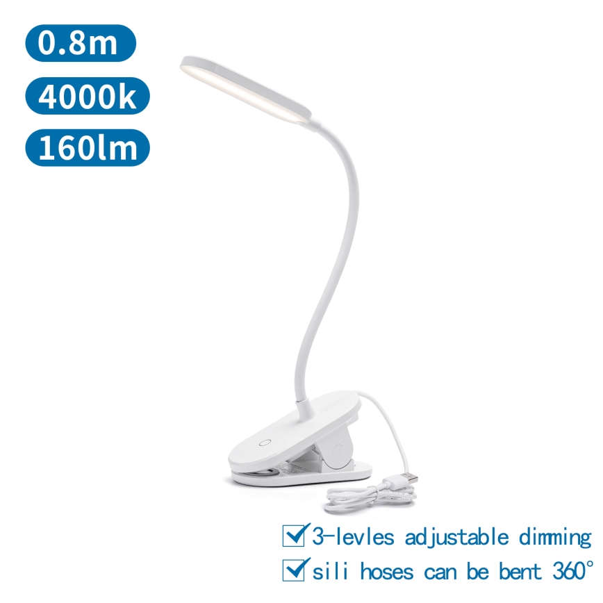 Aigostar - Candeeiro de mesa LED com regulação com clipe LED/2,5W/5V branco