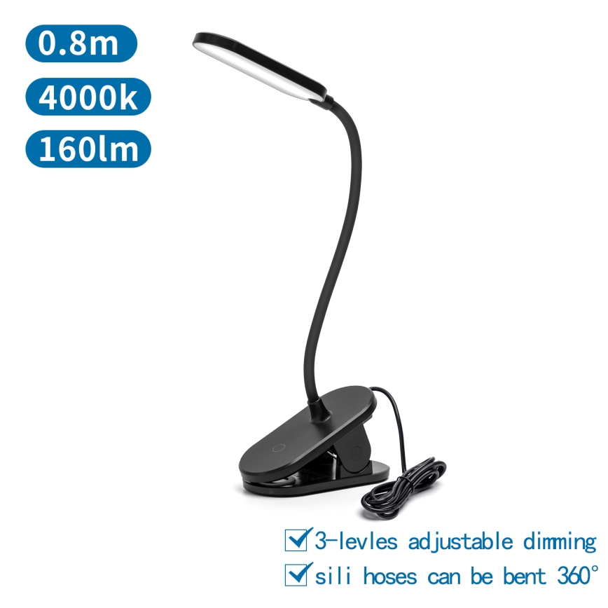 Aigostar - Candeeiro de mesa LED com regulação com clipe LED/2,5W/5V preto