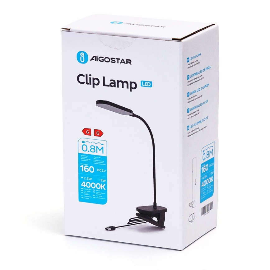 Aigostar - Candeeiro de mesa LED com regulação com clipe LED/2,5W/5V preto