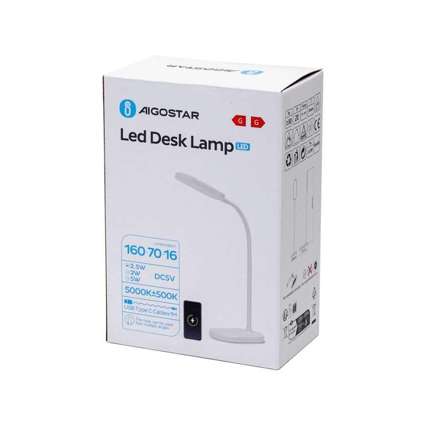 Aigostar - Candeeiro de mesa LED com regulação e carregamento sem fios LED/2,5W/5V branco