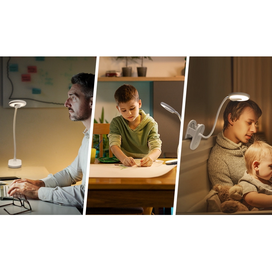 Aigostar - Candeeiro de mesa LED com regulação e clipe LED/2,5W/5V 1200mAh branco