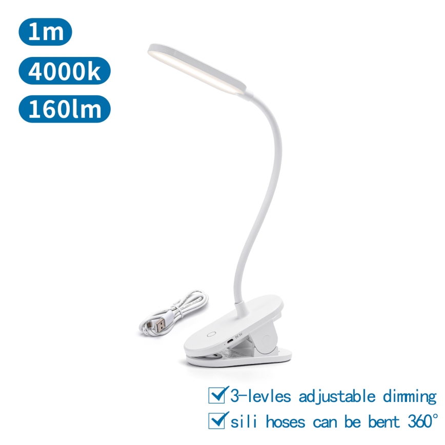 Aigostar - Candeeiro de mesa LED com regulação e clipe LED/2,5W/5V 1200mAh branco