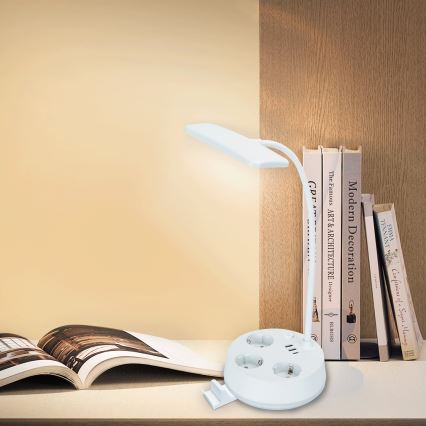 Aigostar - Luminária de mesa LED dimerizável com tomadas e porta USB LED/4,6W/230V 3000/4000/6500K branca