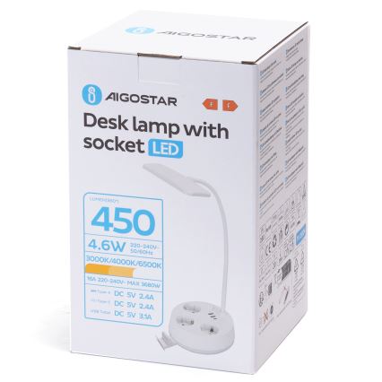 Aigostar - Luminária de mesa LED dimerizável com tomadas e porta USB LED/4,6W/230V 3000/4000/6500K branca