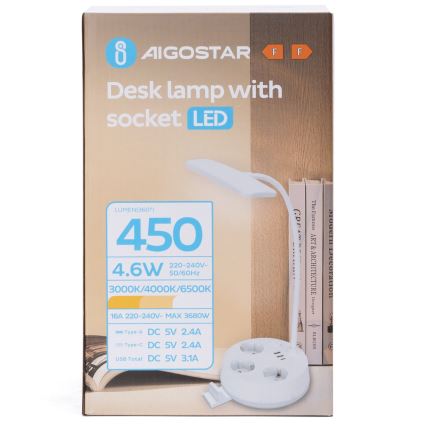 Aigostar - Luminária de mesa LED dimerizável com tomadas e porta USB LED/4,6W/230V 3000/4000/6500K branca