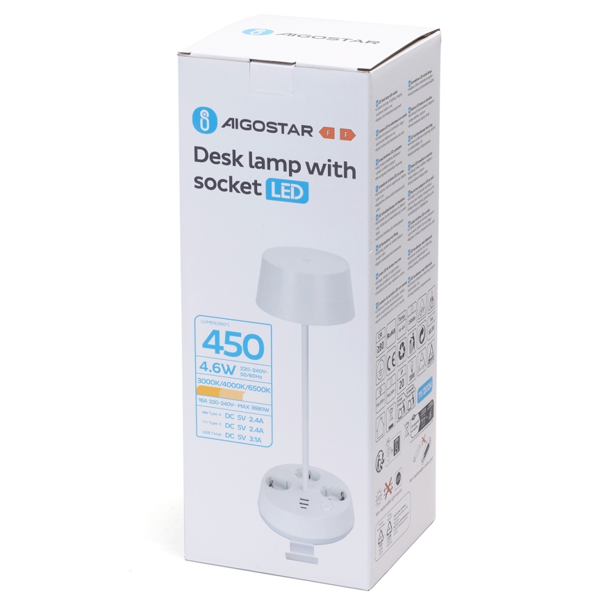 Aigostar - Candeeiro de mesa LED regulável com tomadas e porta USB LED/4,6W/230V 3000/4000/6500K branco