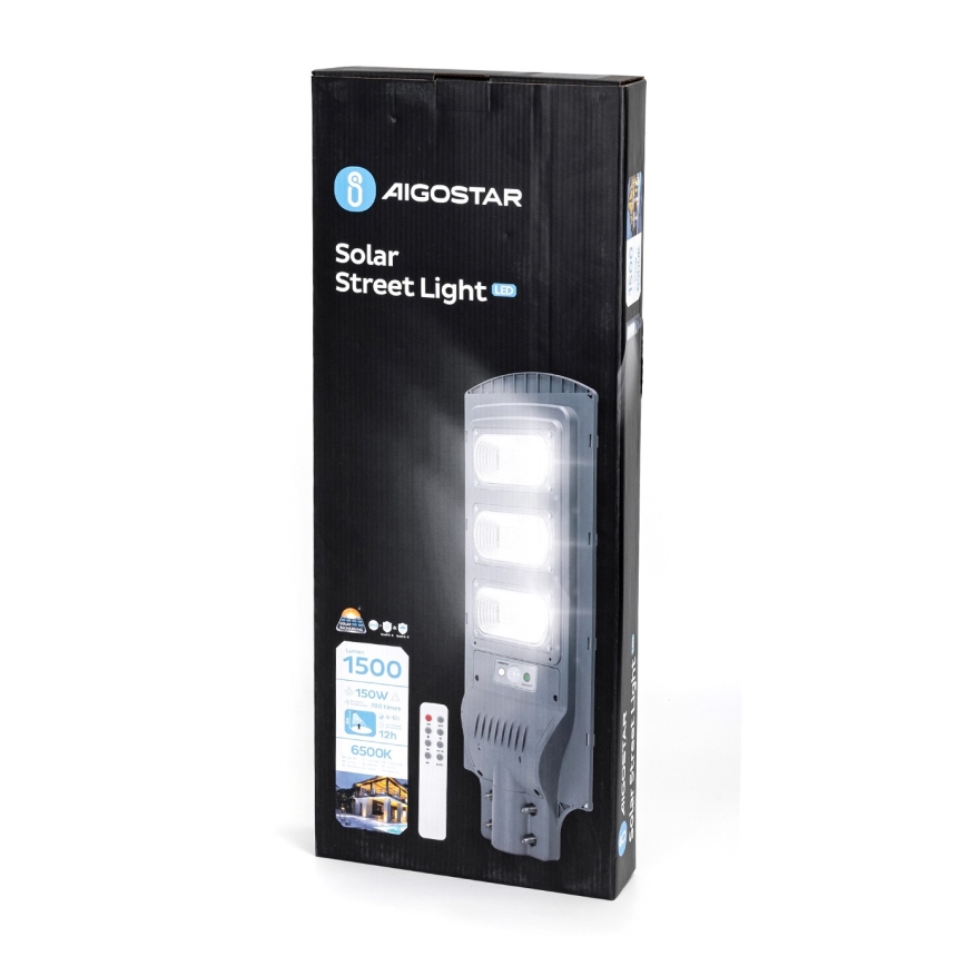 Aigostar - Candeeiro solar de rua LED com sensor de anoitecer e movimento LED/150W/3,2V 15000mAh IP65 6500K + comando