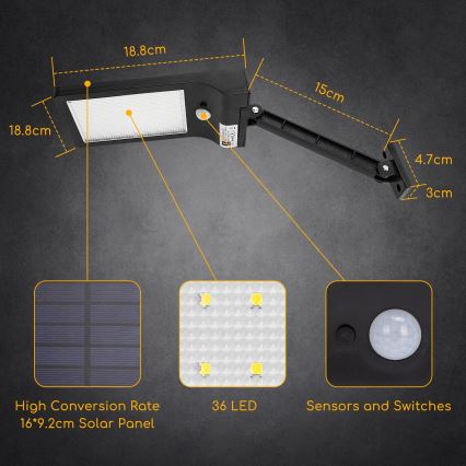 Aigostar - Candeeiro de rua solar LED com sensor LED/2,3W/5,5V 1800 mAh IP65