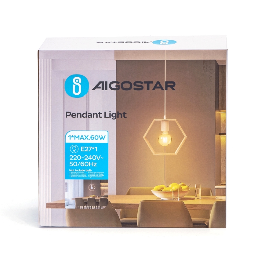 Aigostar - Candeeiro pendente em madeira suspenso por cabo 1xE27/60W/230V pinho