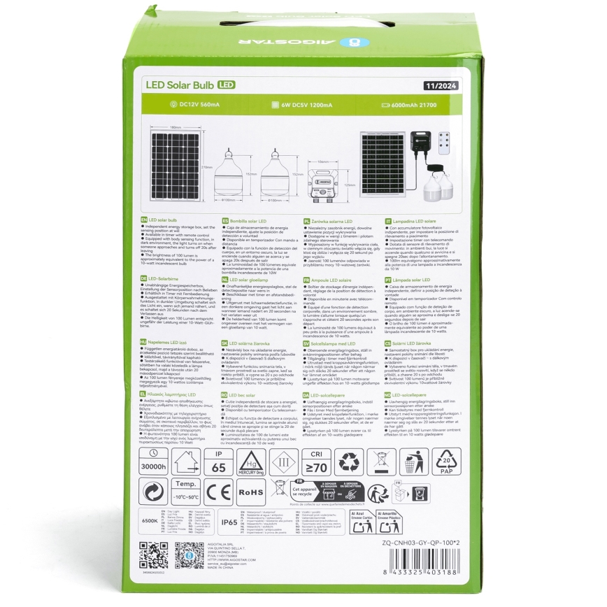 Aigostar - Candeeiro solar LED com sensor 2xLED/35W/12V 6000 mAh 6500K diâmetro 10 cm + comando