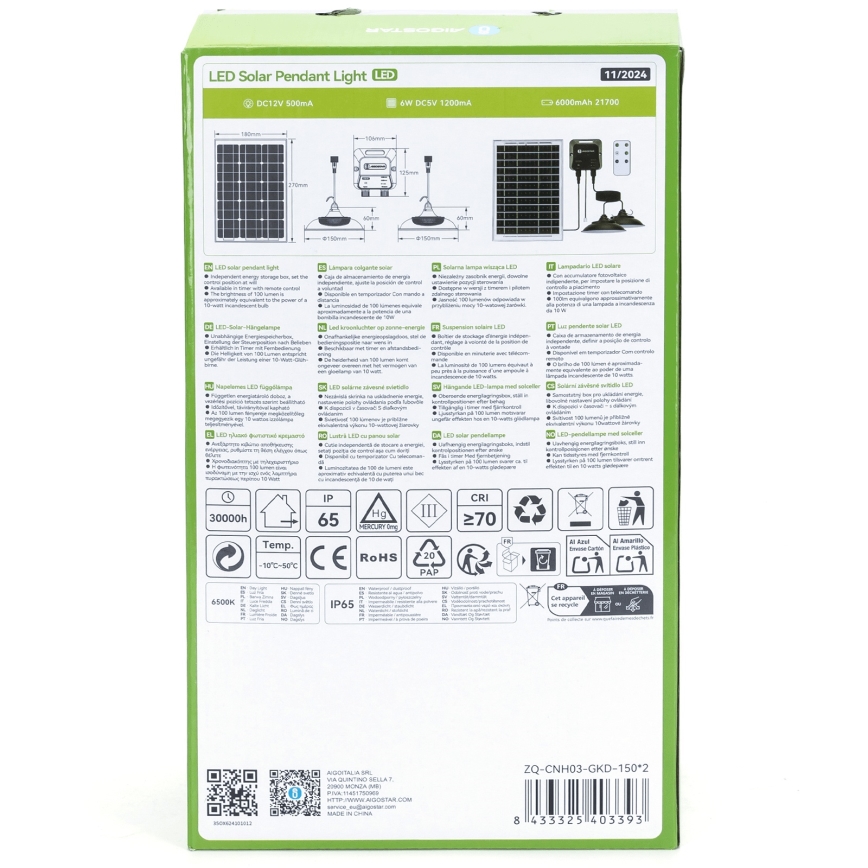 Aigostar - Candeeiro solar LED com sensor 2xLED/35W/12V 6000 mAh 6500K diâmetro 15 cm + comando