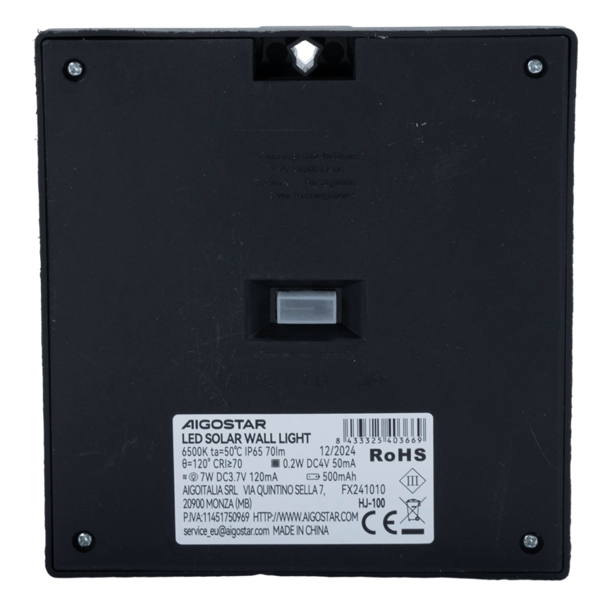 Aigostar - Candeeiro solar LED com sensor, 3,7 V, 6500 K, 500 mAh, IP65, preto